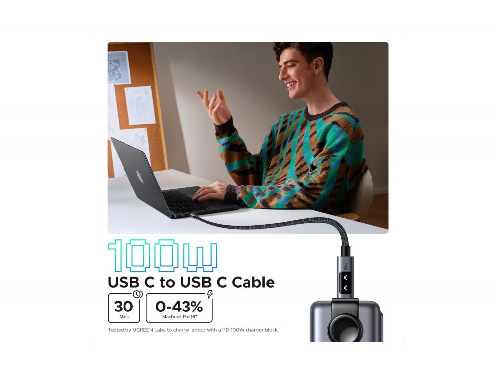 Ugreen Uno Καλώδιο USB-C σε USB-C 100W με LED Ένδειξη Φόρτισης (Smiley), 2m