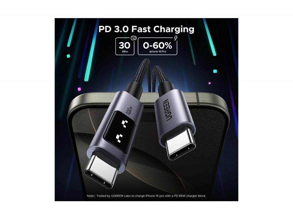 Ugreen Uno Καλώδιο USB-C σε USB-C 100W με LED Ένδειξη Φόρτισης (Smiley), 2m