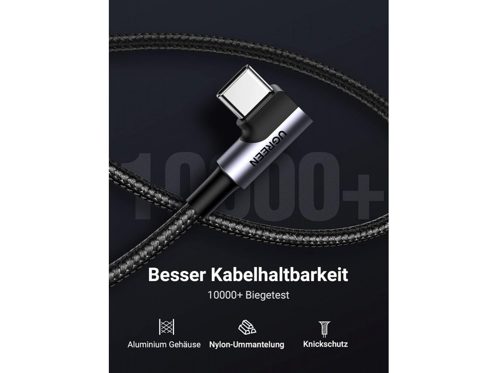 Ugreen Καλώδιο USB-A σε USB-C 90° με Νάιλον Πλέξη 3A 18W, 2m, Gray