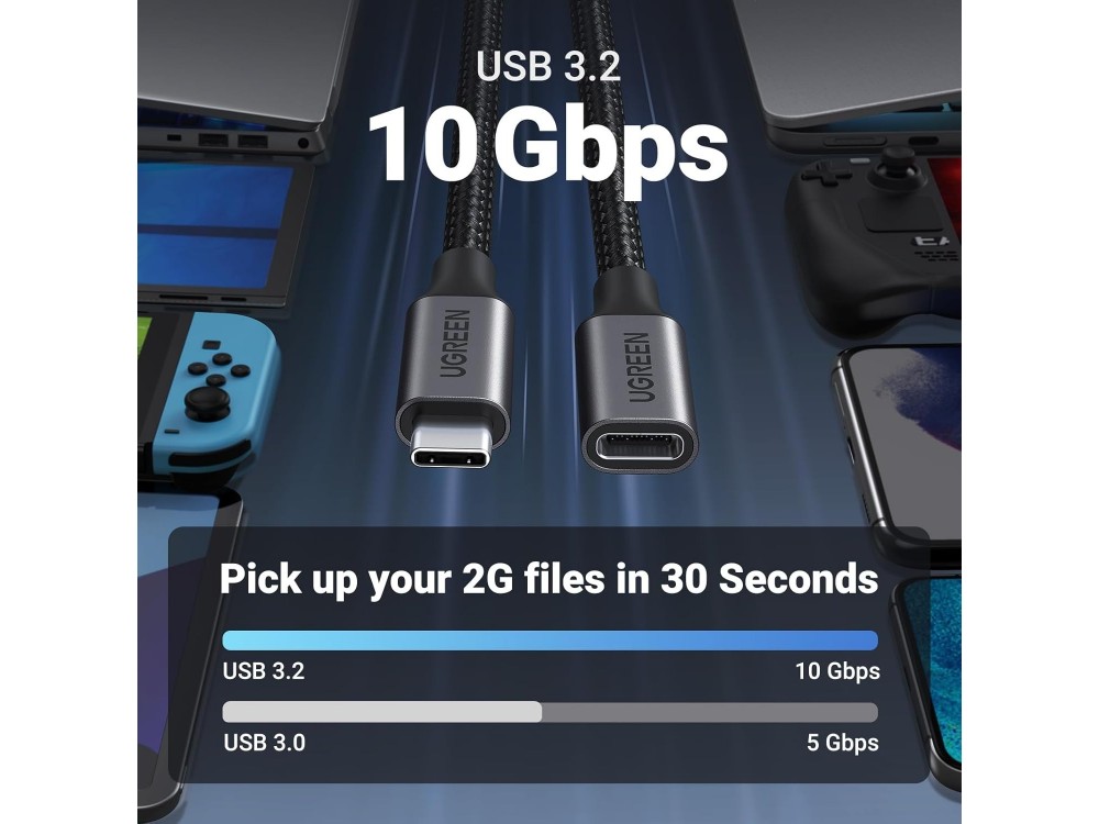 Ugreen USB-C Καλώδιο Επέκτασης 1μ. Type-C Θηλυκό σε Type-C Αρσενικό USB3.2 Gen2 10Gbps, με Νάυλον Ύφανση, Μαύρο