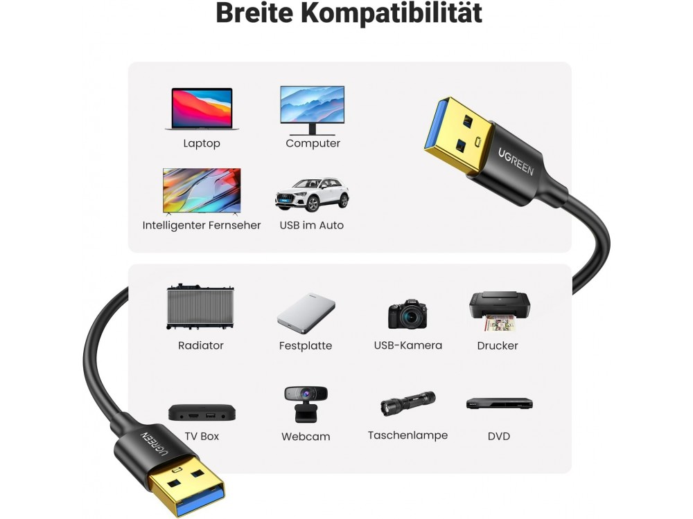 Ugreen Καλώδιο USB 3.0 USB-A Αρσενικό σε Αρσενικό, 0.5m, Black