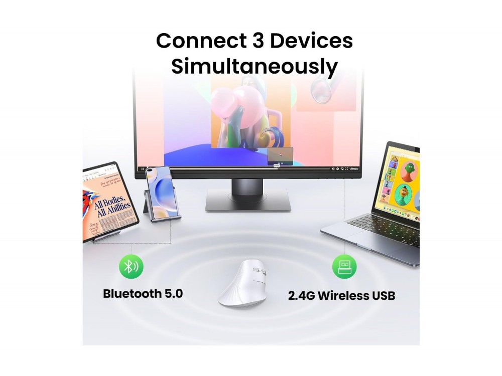 Ugreen Ασύρματο Εργονομικό Vertical Ποντίκι Bluetooth 5.0 & 2.4G έως 4000 DPI με Αθόρυβα Κλικ, White