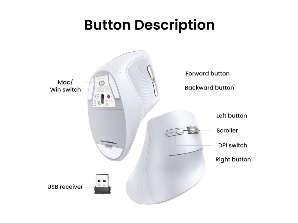Ugreen Ασύρματο Εργονομικό Vertical Ποντίκι Bluetooth 5.0 & 2.4G έως 4000 DPI με Αθόρυβα Κλικ, White