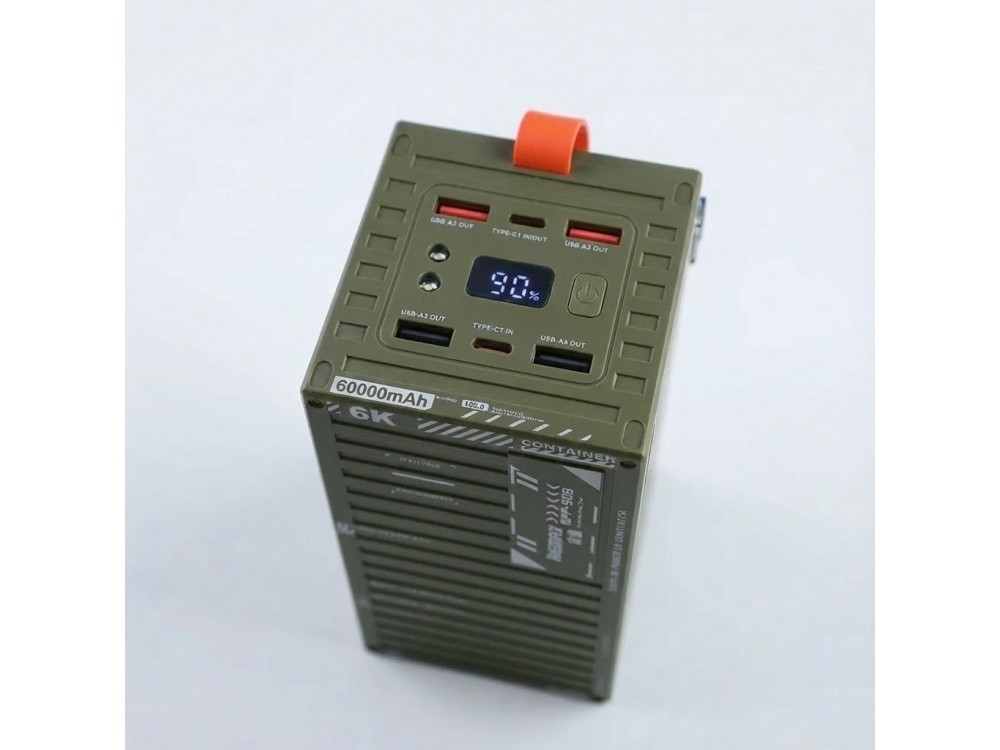 Remax Container 60000 22.5W PD USB-C Power Bank 60,000mAh with Digital Display & Power Delivery, Olive
