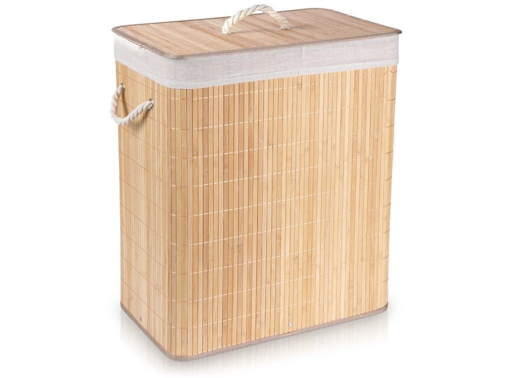 Vilde Bamboo Laundry Basket 90L 50x30.5x60.5cm, 2 Compartments with Lid, Beige