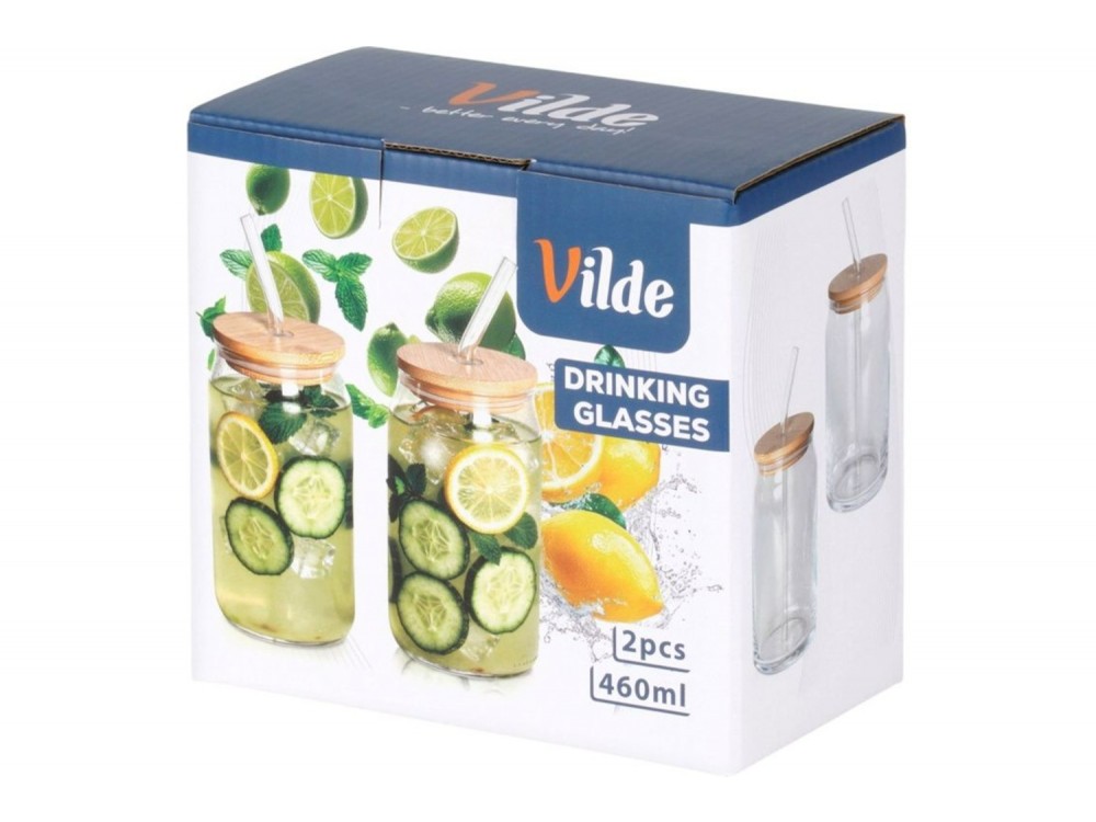 Vilde Γυάλινες Κούπες με Καπάκι και Καλαμάκι 460 ml, Σετ 2 τεμαχίων