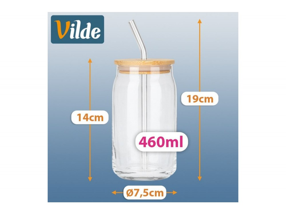 Vilde Γυάλινες Κούπες με Καπάκι και Καλαμάκι 460 ml, Σετ 2 τεμαχίων