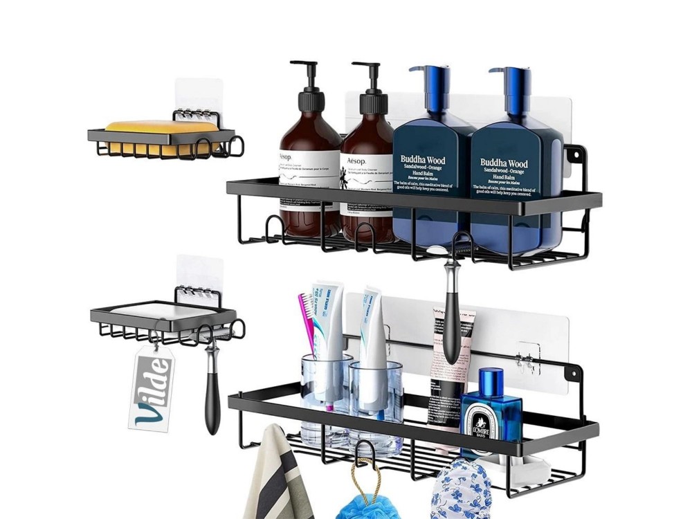 Vilde 4-Pack Shower Caddy, Wall-Mounted Bathroom Organizer, Set of 4, Black