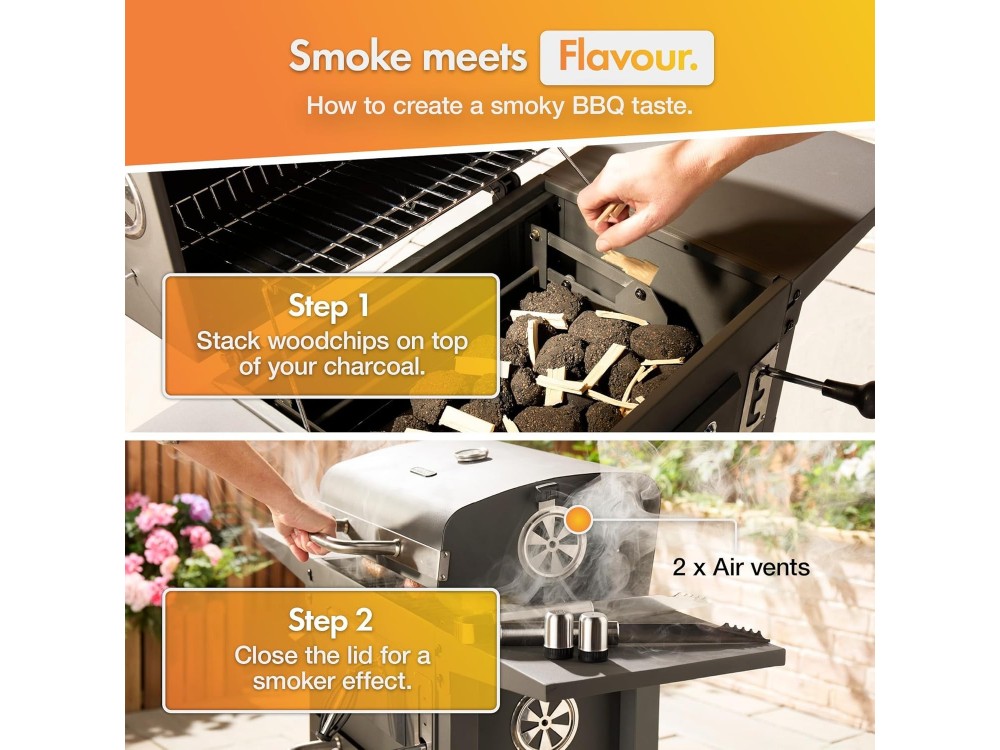 VonHaus Ψησταριά Κάρβουνου 40x30cm BBQ 2-in-1 American Style Grill & Smoker, Ρυθμιζόμενη καθ' Ύψος