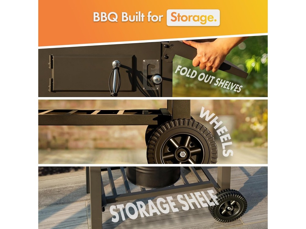 VonHaus Ψησταριά Κάρβουνου 40x30cm BBQ 2-in-1 American Style Grill & Smoker, Ρυθμιζόμενη καθ' Ύψος