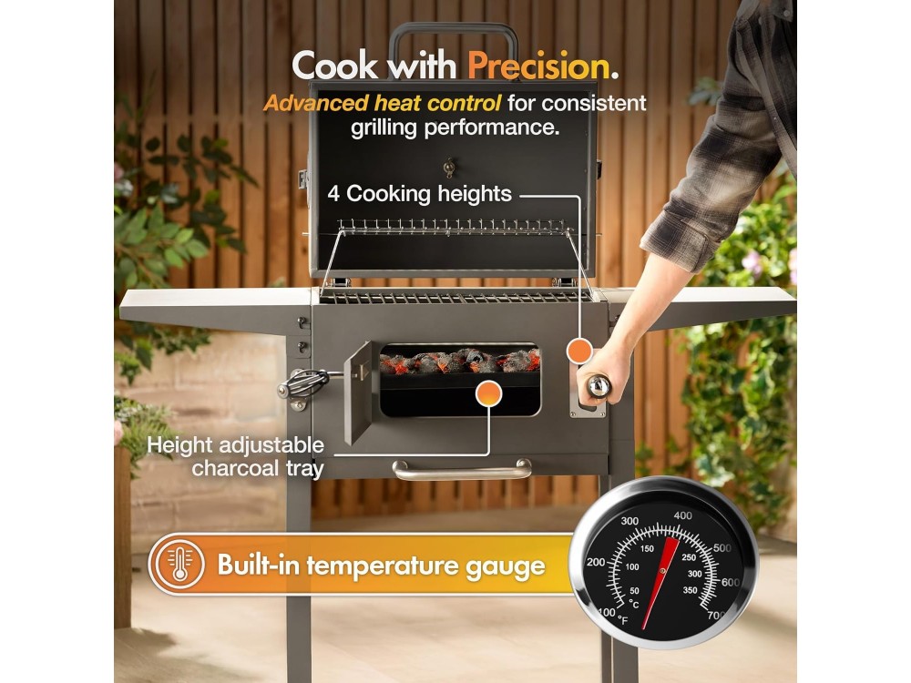 VonHaus Ψησταριά Κάρβουνου 40x30cm BBQ 2-in-1 American Style Grill & Smoker, Ρυθμιζόμενη καθ' Ύψος