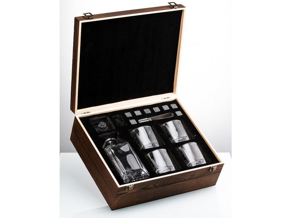 Forneed Quattro Whisky Glasses & Stones Gift Set - Σετ Δώρου Ουίσκι, με 4 Ποτήρια, Τσιμπίδα, Μποτίλια, Πέτρες και Ξύλινη Θήκη