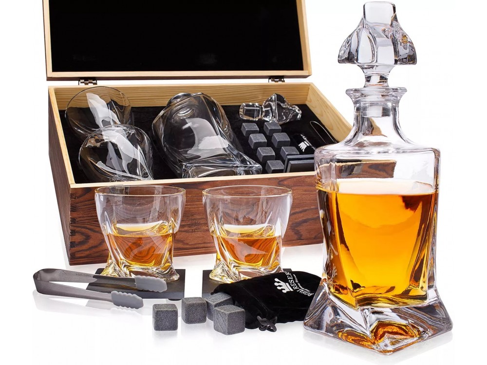 Forneed Quattro Whisky Glasses & Stones Gift Set - Σετ Δώρου Ουίσκι, με 4 Ποτήρια, Τσιμπίδα, Μποτίλια, Πέτρες και Ξύλινη Θήκη
