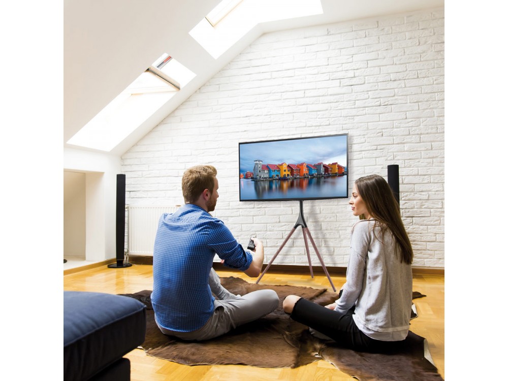 Techly Walnut Design TV Floor Stand, Floor TV Stand 45"-65" and 32kg, Black