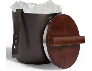 VonShef 2.4L Ice Bucket, Stainless Steel, with Lid and με Καπάκι και Τσιμπίδα, Mango Wood & Graphite