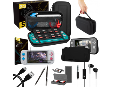Orzly Nintendo Switch Lite Accessories Bundle - 2x Glass Screen Protector, USB cable, carrying case, headphones ect, Black