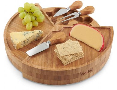 VonShef Cheese Boards with 3 piece Knive Set, 3 Stores, Bamboo - 1000135