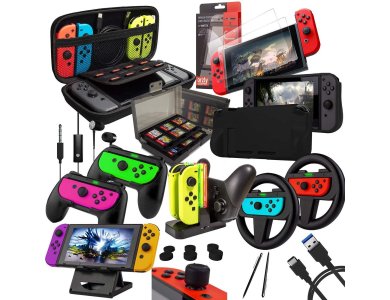 Orzly Nintendo Switch Geekpack Accessories Bundle - 2x Glass Screen Protector, cable, Case, Game case, Charger ect - Black