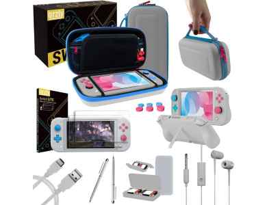 Orzly Nintendo Switch Lite Accessories Bundle - 2x Glass Screen Protector, USB cable, carrying case, headphones ect, Z&Z Edition