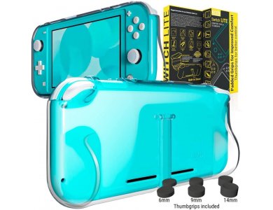 Orzly Nintendo Switch Lite protective Cover, Comfort Grip with Kickstand & Pack of 6 Thumb Grips - Clear