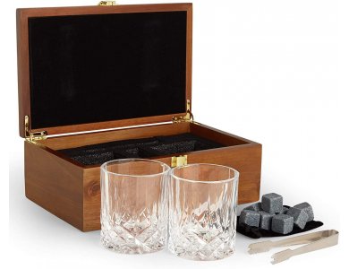 VonShef Whisky Glasses & Stones Gift Set - Whisky Set Gift, with 2 Glasses, Metal Ice Tongs, 8 Stones and Wooden Box- 1000252