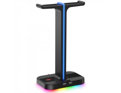 Havit Dual Headphone Aluminum Stand & Hanger RGB for Headset  with 2 USB Ports, Black - TH650