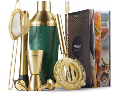 VonShef Cocktail Set 9τμχ., Set for Coctails Stainless Steel, Green & Brushed Gold - 1000021