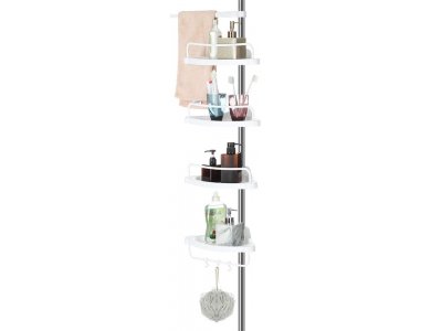 Songmics Εταζέρα Μπάνιου, Ραφιέρα με 4 Ράφια 95-300cm Επεκτεινόμενη (Πάτωμα με Ταβάνι), 3 Γάντζοι + 1 Κρεμάστρα - BCB02SW