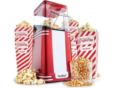 VonShef Retro Popcorn Maker, Vintage Style Popcorn Machine for Healthy Snacks (6 Bowls Included) - 13/261, Red