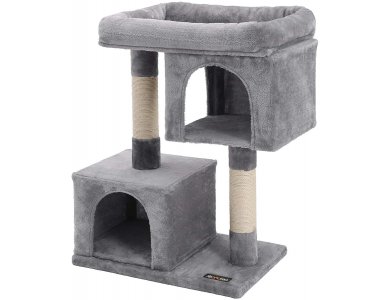 FEANDREA Cat Tree with Sisal-Covered Scratching Posts and 2 Plush Condos, Cat Furniture for Kittens - PCT61W, Light Grey