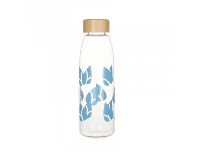 Pebbly Nomadic Glass Bottle, Glass Bottle with Bamboo Cap, 550ml, Blue Printed
