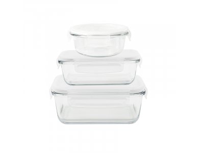 Pubbly Glass Food Containers with Lid for Airtight Storage, 1 x Round + 2 x Rectangular in various sizes, Set of 3