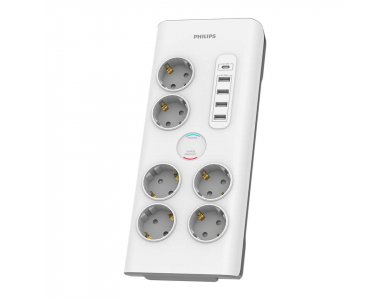 Philips 6-outlet Surge Protection Strip, Πολύπριζο & Προστατευτικό τάσης 6 Θέσεων & 5 x USB με 2M Καλώδιο