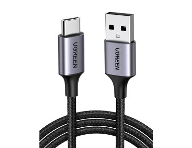 Ugreen USB-C Cable 2m. with Nylon Weave and Aluminum Contacts, Support QC3.0 & 3A - 60128, Black
