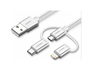 Ugreen 3-in-1 Lightning / Type C / Micro USB Cable, 1m. with Nylon Weave - 80825, Silver