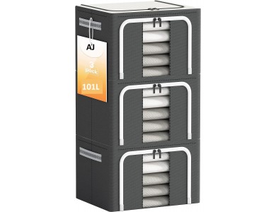 AJ Clothes Storage Organizer Bags 101L, Clothes Storage Boxes with 2 Openings & Window, Set of 3pcs, 60 x 42 x 40cm, Gray