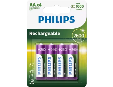 Philips AA Rechargeable Batteries 2600mAh Ni-MH Ready To Use 4 Pcs