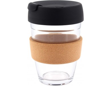 AJ 340ML Reusable Glass Coffee Cup, Brew Cork Κούπα Γυάλινη με Ζώνη από Φελλό και Καπάκι, Black