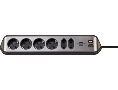 Brennenstuhl Estilo 6-outlet Corner Extension socket, 2*USB Charging Ports, 2M Cable, Inox Silver / Black