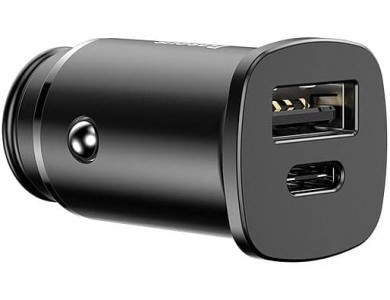 Baseus 30W QC4 car charger with USB-A & USB-C ports, Black