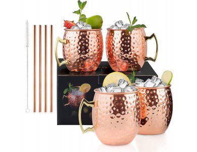 Moscow Mule Mug Copper Set with 4 Mugs for Stainless Steel Cocktail with 4 Straws + Cleaning Brush