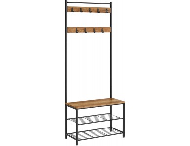 VASAGLE Floor Clothes Hanger, with Hooks, Bench & Lower Shoe Shelves 177 x 32 x 70cm in Rustic Style, Walnut