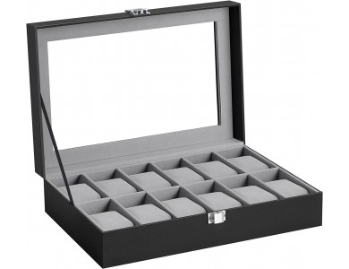 Songmics Watch Box, 12 Compartment Watch Case with Glass Lid and Removable Velvet Watch Pads