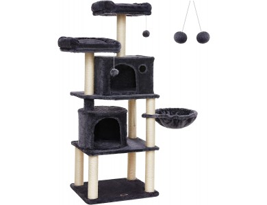 FEANDREA Velvet Onychodrome With Poles, Cat Tree 6 Levels with 2 Hiding Belts, made of Sisal 55x45x162cm, Smoky Grey