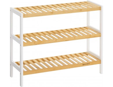 Songmics 3-Tier Bamboo Shoe Rack, Shoe Rack with 3 Bamboo Shelves 70 x 26 x 55cm, Natural / White