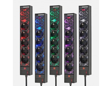 Brennenstuhl Gaming 5-outlet Extension socket, RGB LED Πολύπριζο με Διακόπτη, 2*USB Charging Ports & 1,5M Καλώδιο, Μαύρο