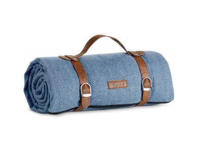 VonShef Picnic Blanket from Waterproof Fabric and Vegan Leather Handle 147x80cm, Blue Herringbone