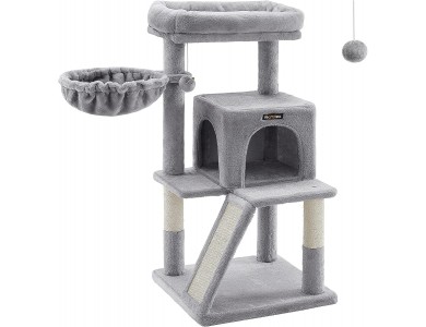 FEANDREA Velvet Cat Tree With Poles, 4 Levels with 1 Hideaway, from Sisal 48x48x96cm, Smoky Grey