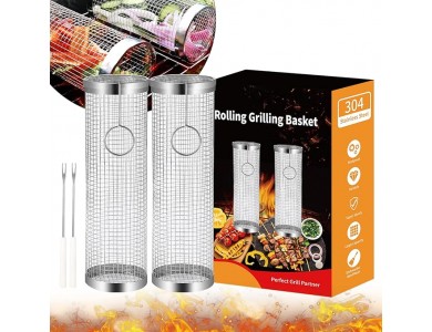 AJ 2-Pack BBQ Rolling Grilling Baskets, Rolling Grilling Basket with Safety Lock & Fork, Set of 2