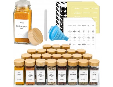 AJ 24-Pack Spice Jars with Labels, Θήκες Μπαχαρικών Γυάλινες με Καπάκια από Μπαμπού, Σετ των 24τμχ με Ετικέτες & Χωνί
